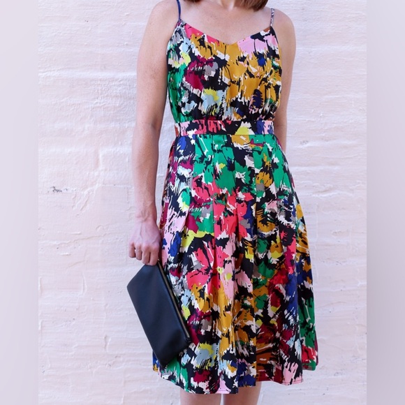 NWT J. Crew Colorful spaghetti strap brushstroke Abstract SILK dress midi 8 - Picture 3 of 7